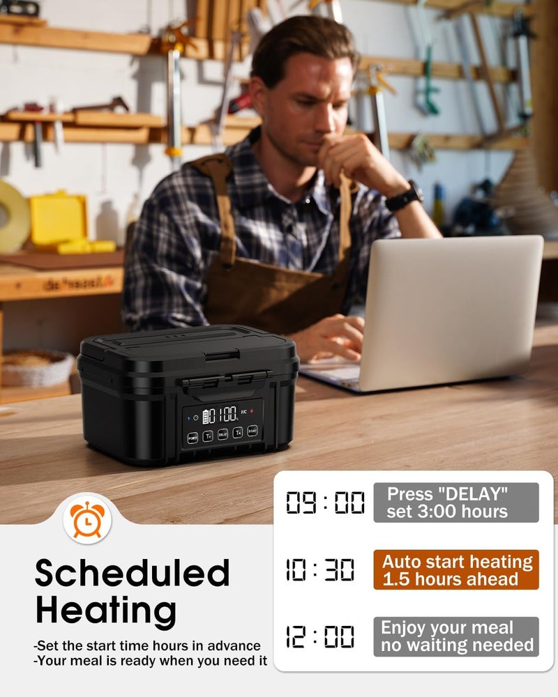 FERVINOW Cordless Electric Lunch Box for Adults – Battery-Powered Heated Lunch Box with 1.2L Stainless Steel Container, Timer Function, and Leak-Proof Food Warmer for Work, Travel & Office - Image 3